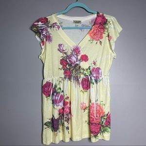 Oneworld Women's Sz M Babydoll Peasant Floral V neck Short Sleeve Top Stretch